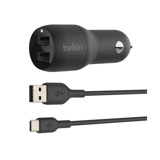 Cce001Bt1Mbk - Belkin 24W Hızlı Araç Şarj Cihazı 2 Port Usb Siyah+Type-C Kablo